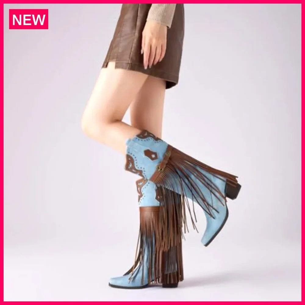 Women's Knee High Cowboy Boots Fringe Embroidered Chunky Heel Pointed Toe - Picture 3 of 6